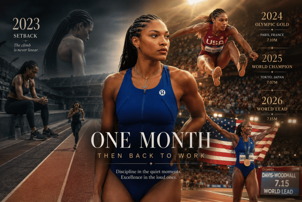 Editorial illustration showing Tara Davis-Woodhall overcoming a career setback and returning to Olympic and world championship success