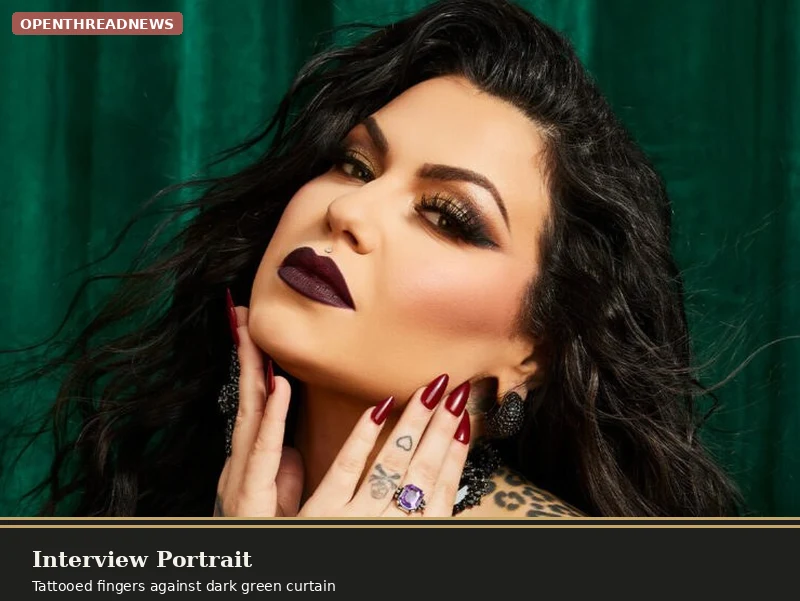 Bailey Sarian with hands to her face showing tattooed fingers and long red nails, dark lipstick, against a dark green curtain backdrop