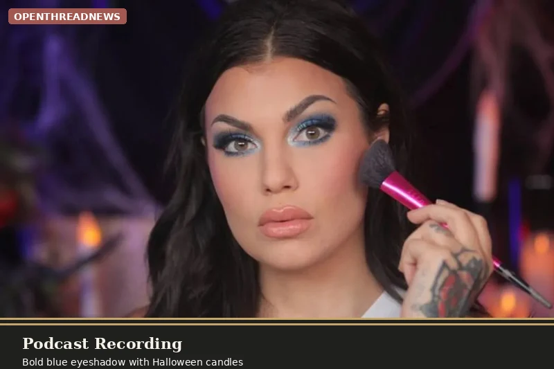 Bailey Sarian applying makeup with a pink-handled brush to her cheek, bold blue eyeshadow, Halloween-style candles and cobwebs in the background