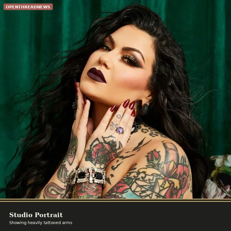 Bailey Sarian in a studio portrait showing her heavily tattooed arms and shoulders, dark lipstick, hands raised to her chin, green curtain backdrop