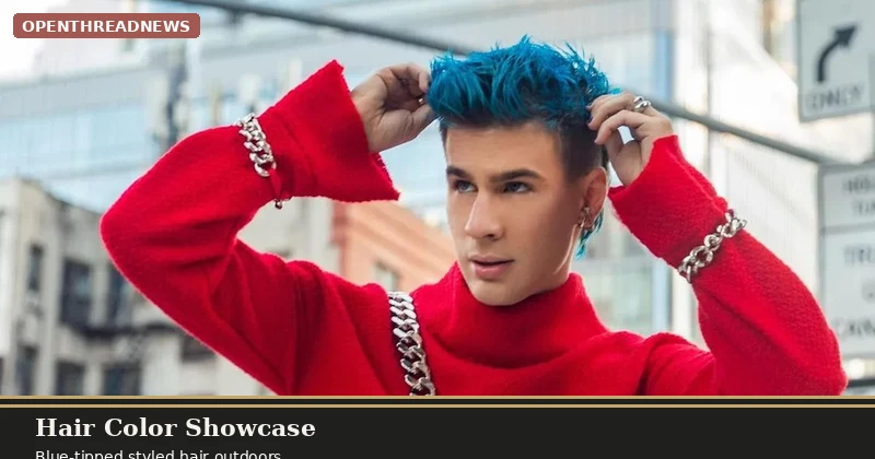 Brad Mondo showing blue-tipped styled hair outdoors