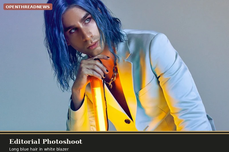 Brad Mondo with long blue hair in a white blazer