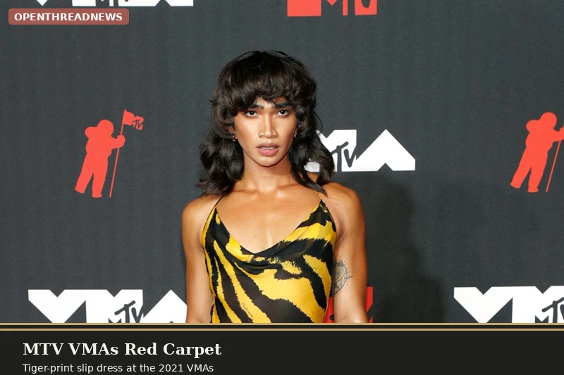 Bretman Rock in a tiger-print dress at the 2021 MTV VMAs