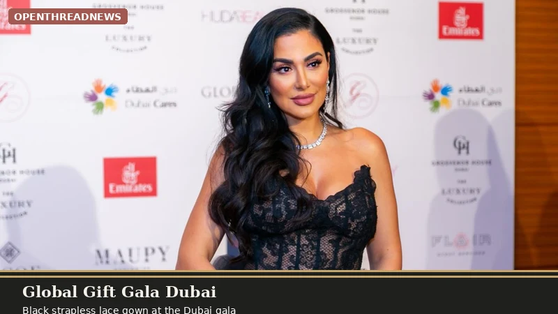Huda Kattan in a black lace gown at a Dubai gala