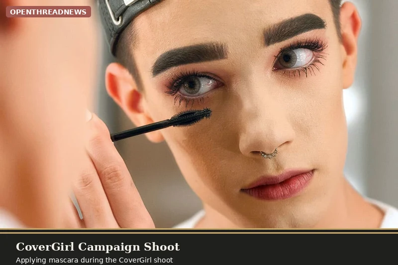 James Charles applying mascara during a CoverGirl campaign shoot