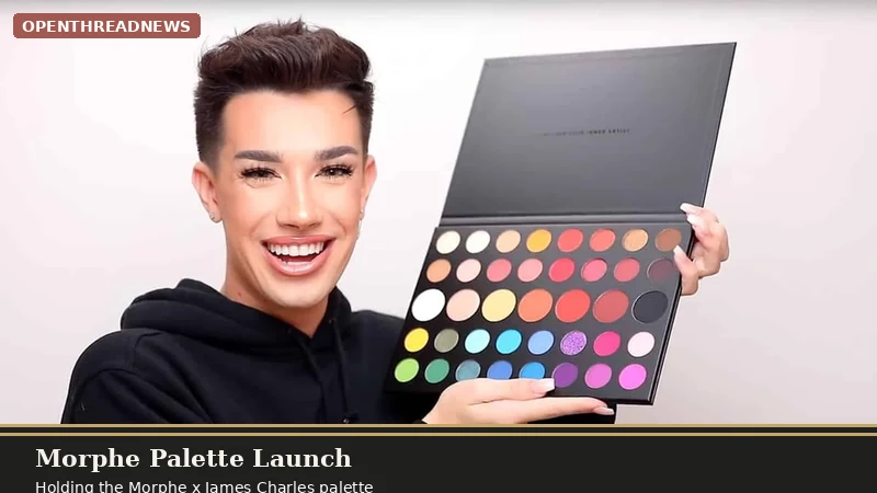 James Charles holding the Morphe x James Charles eyeshadow palette
