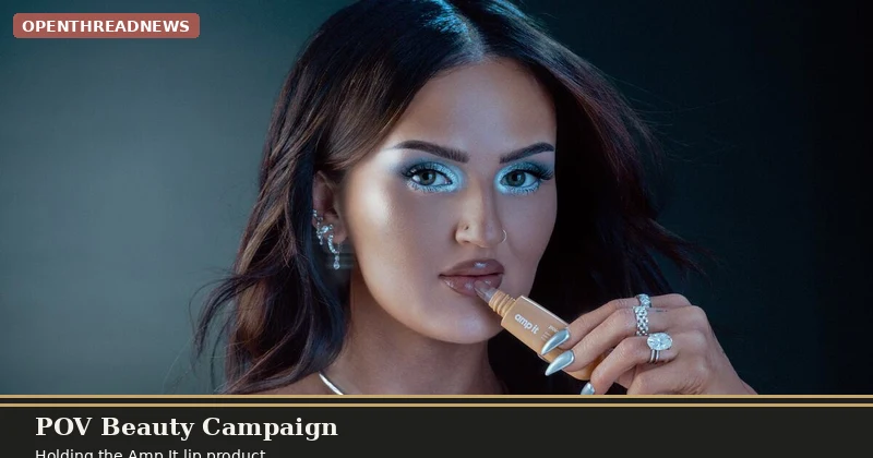 Mikayla Nogueira in the POV Beauty campaign holding a lip product near her mouth, wearing a silver choker and long silver nails