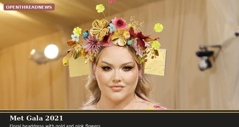 NikkieTutorials wearing a floral headdress at the Met Gala 2021