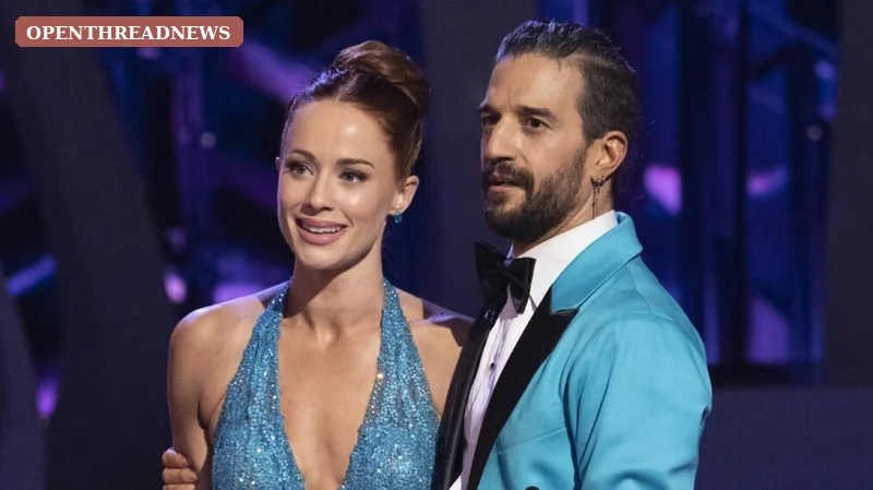 Whitney Leavitt's Dancing with the Stars run: a ballroom couple mid-dance under competition stage lights, the woman spinning in a red fringe dress