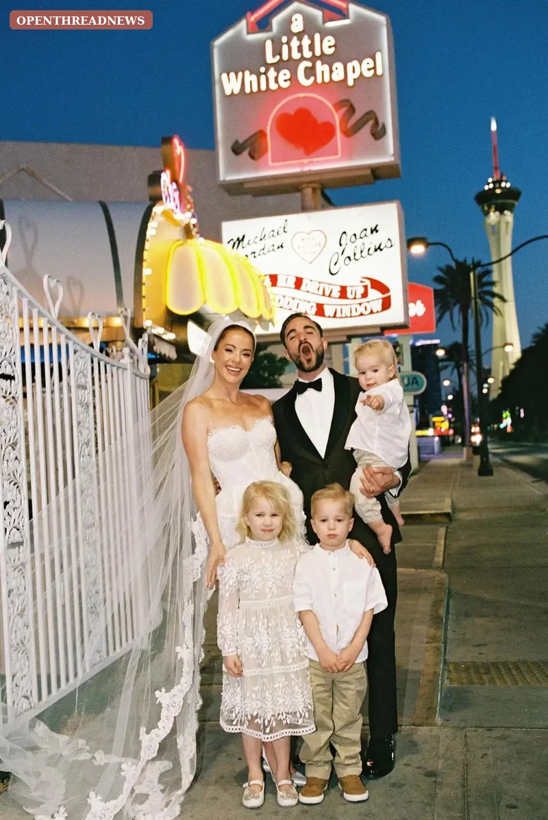 Whitney Leavitt and husband Conner: a young couple laughing at a candlelit Las Vegas chapel altar during their vow renewal, surrounded by white flowers