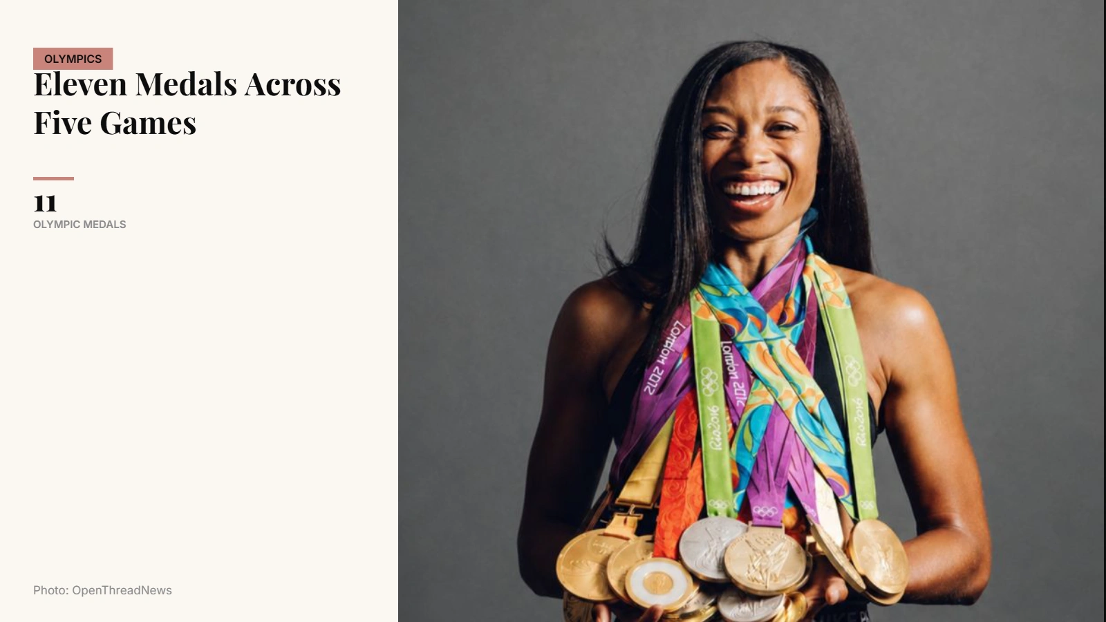 Allyson Felix competing during her Olympic career that produced a record 11 Olympic medals for a U.S. track athlete