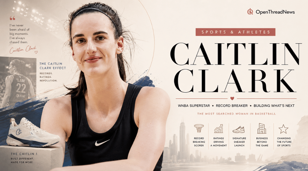 Caitlin Clark featured in an editorial portrait highlighting her WNBA success, NCAA scoring record, Nike partnership, and impact on women's basketball.