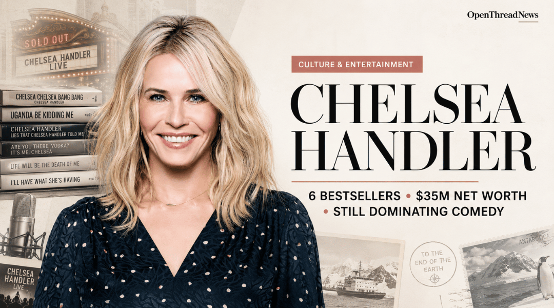 Chelsea Handler featured in an editorial portrait highlighting her bestselling books, comedy career, podcast success, and 2026 tour.
