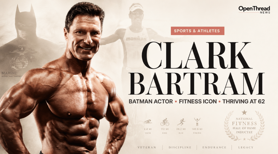 Clark Bartram editorial portrait highlighting his Batman fan film role, Marine background, fitness career, Ironman achievements, and coaching empire at age 62.