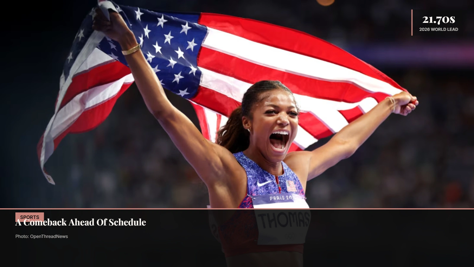 Gabby Thomas competing during her 2026 comeback season after recovering from an Achilles injury
