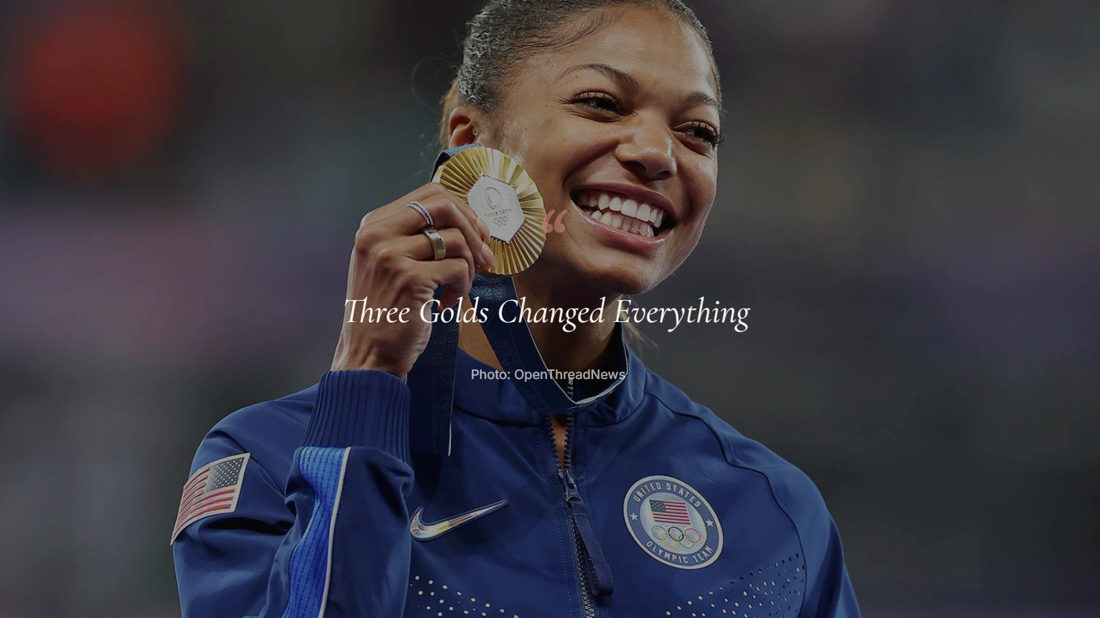 Gabby Thomas celebrating after winning the women's 200m and three gold medals at the Paris 2024 Olympics