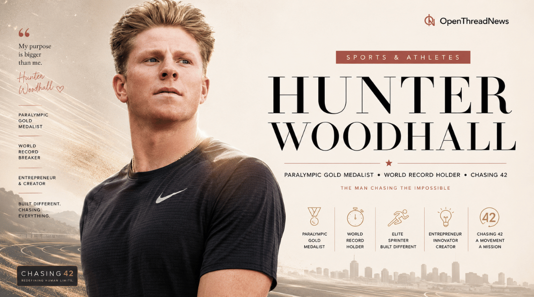 Hunter Woodhall featured in an editorial portrait highlighting his Paralympic gold medal, world-record sprinting career, creator success, and Chasing 42 mission.