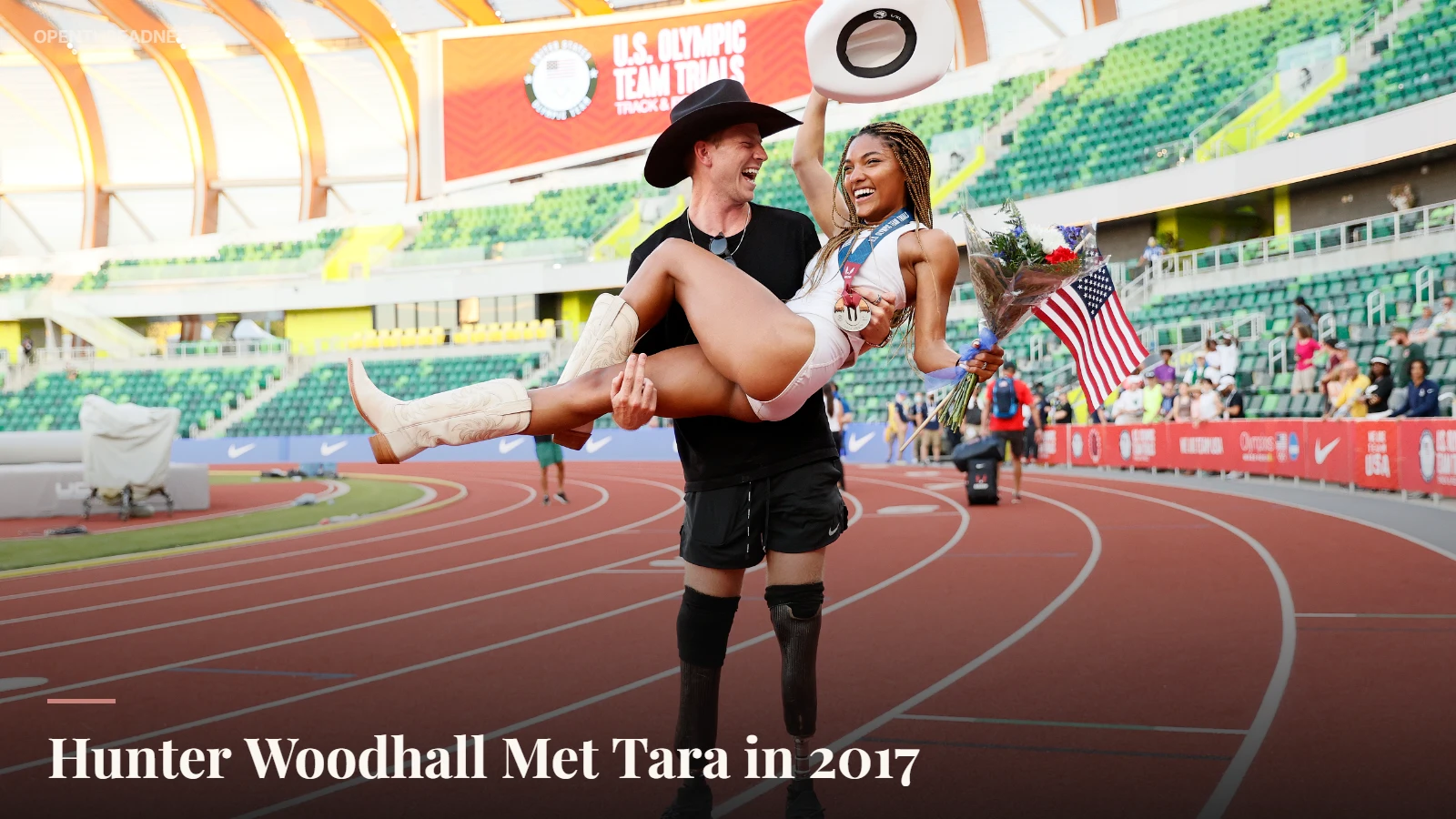 Hunter Woodhall and Tara Davis-Woodhall at the Simplot Games in 2017
