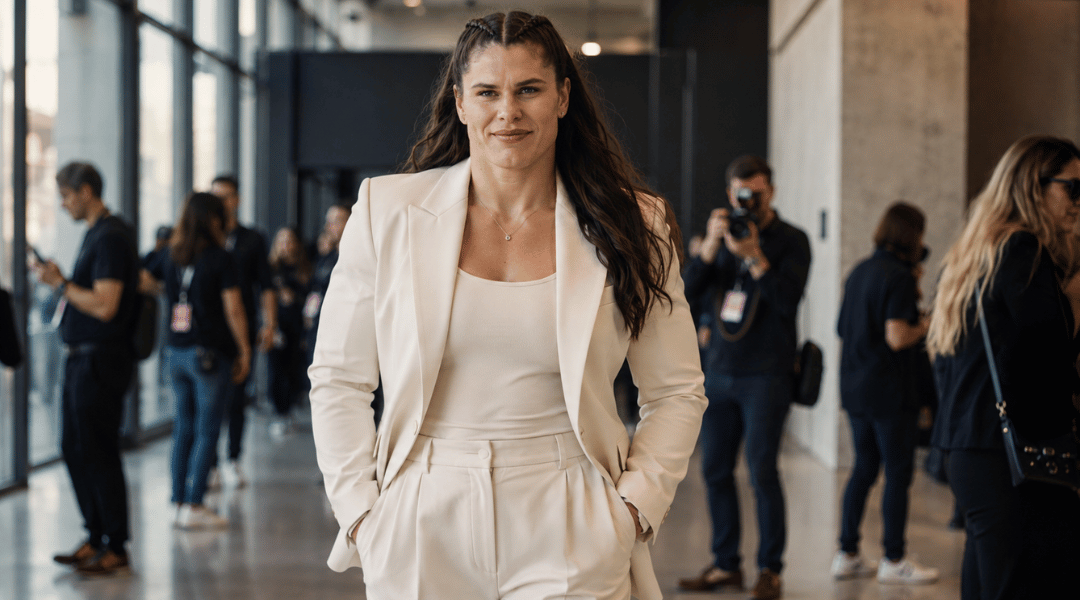 Ilona Maher walking confidently through a modern event venue reflecting her rise from Olympic rugby player to cultural figure