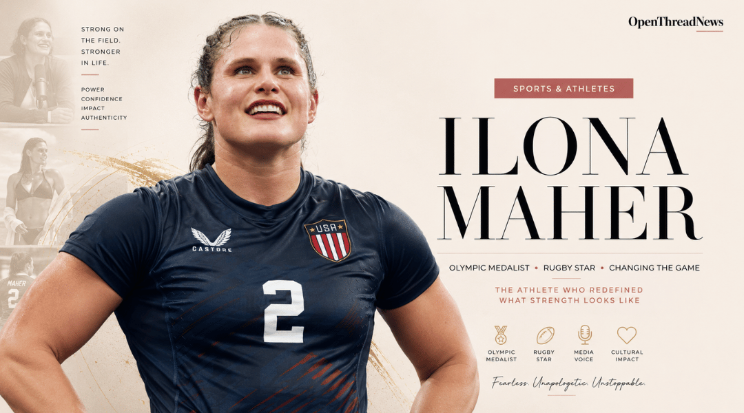 Ilona Maher featured in an editorial portrait highlighting her Olympic rugby success, body confidence advocacy, social media influence, and growing cultural impact.