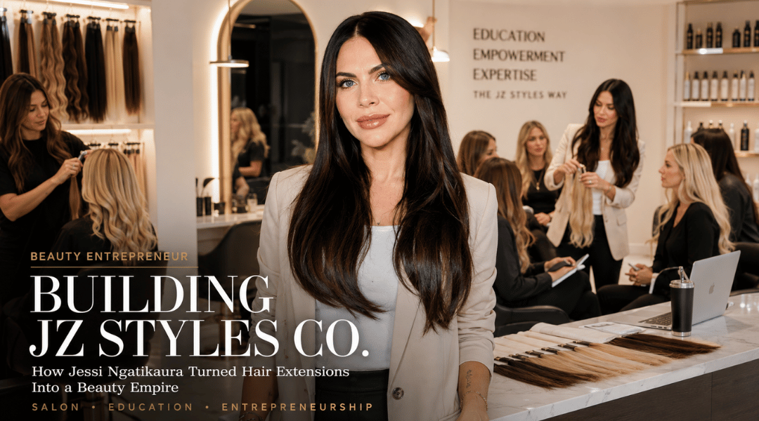 Jessi Ngatikaura in a luxury salon and beauty education setting representing the growth of JZ Styles Co.