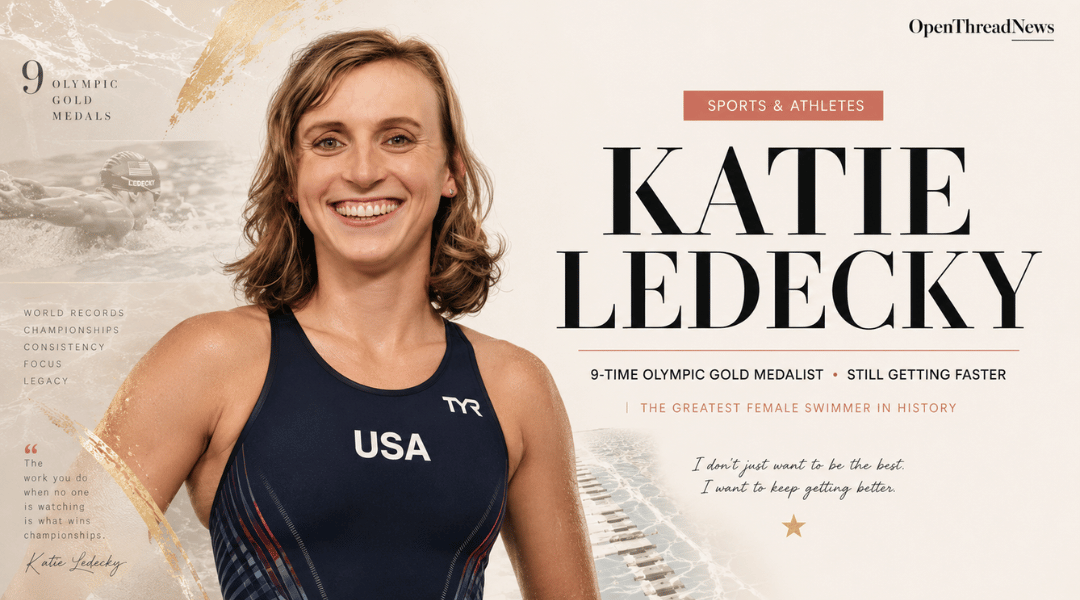 Katie Ledecky featured in an editorial portrait highlighting her Olympic dominance, world records, and continued success as the greatest female swimmer in history.