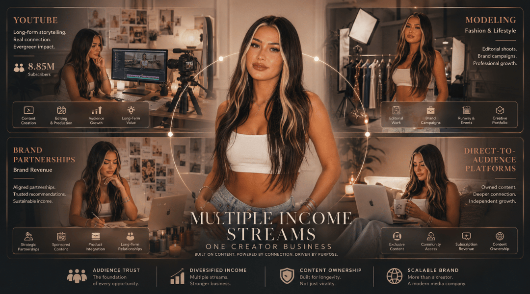 Editorial illustration showing how McKinley Richardson built a multi-platform creator business through modeling, YouTube, sponsorships, and social media