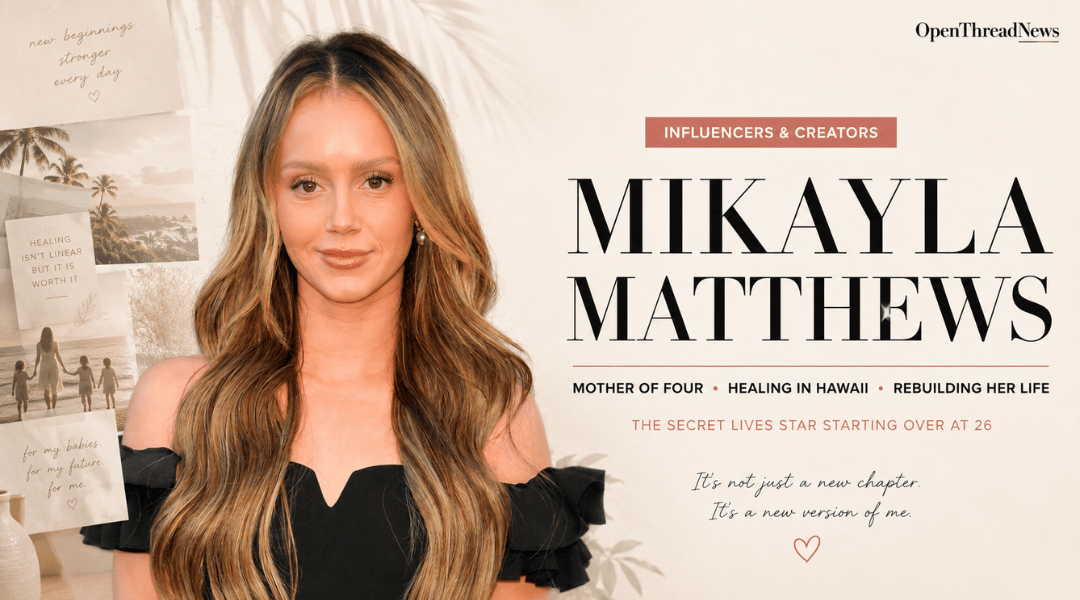Mikayla Matthews featured in an editorial portrait highlighting her move to Hawaii, motherhood journey, health challenges, and personal transformation in 2026.