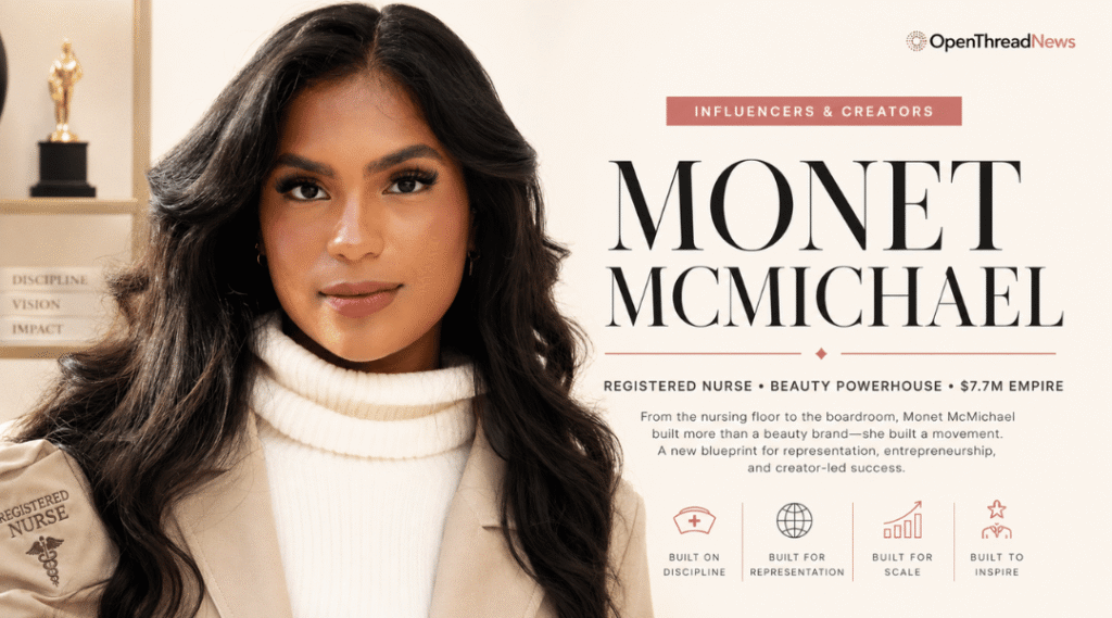 Monet McMichael editorial portrait highlighting her nursing background, beauty creator success, luxury brand partnerships, and multi-million-dollar media business.
