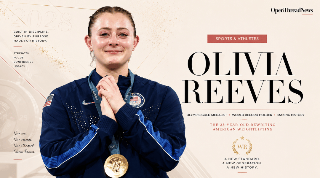 Olivia Reeves featured in an editorial portrait highlighting her Olympic gold medal, world records, and rise as one of America's most successful weightlifters.