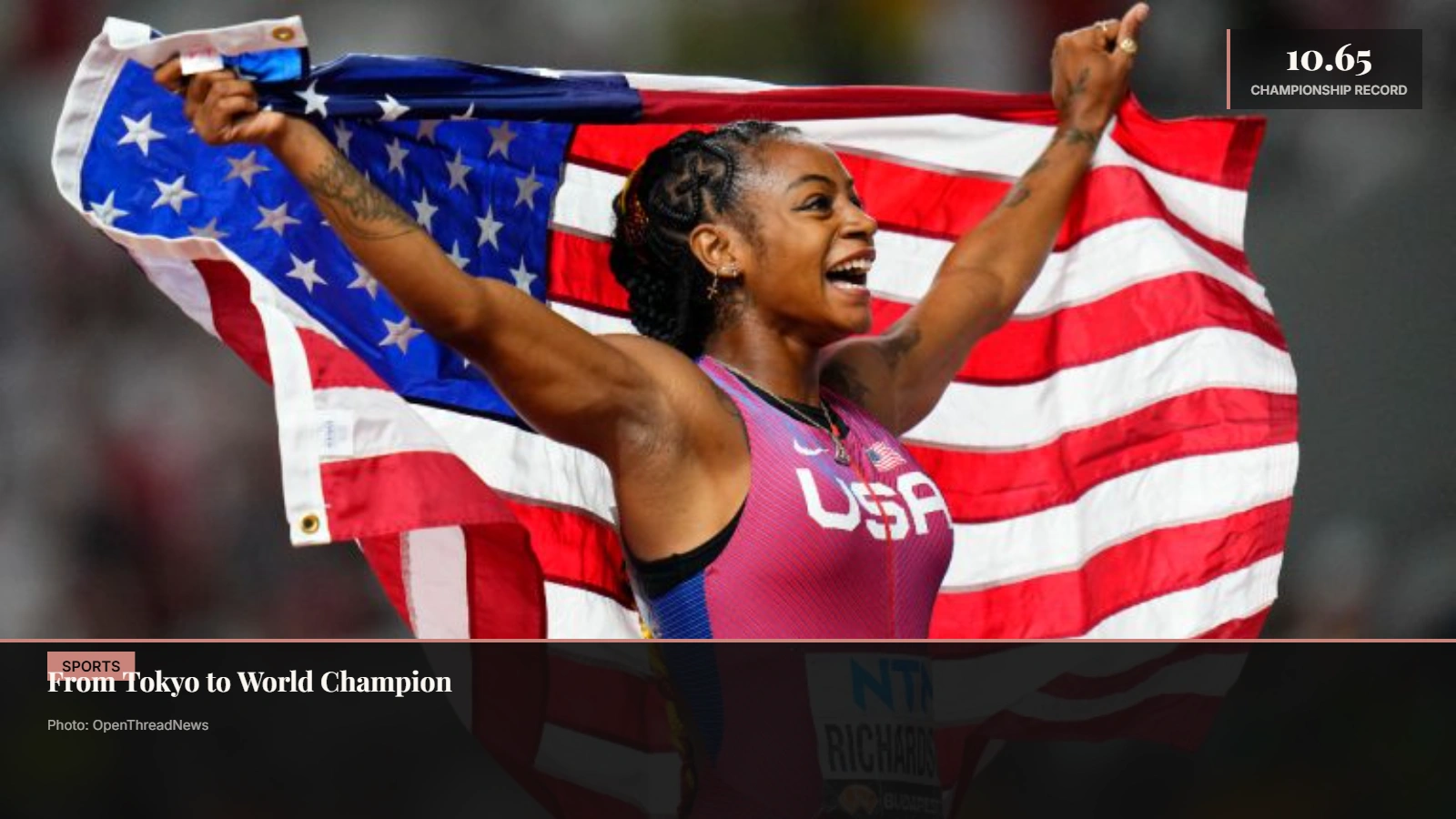 Sha'Carri Richardson celebrating after winning the 100m at the 2023 World Athletics Championships