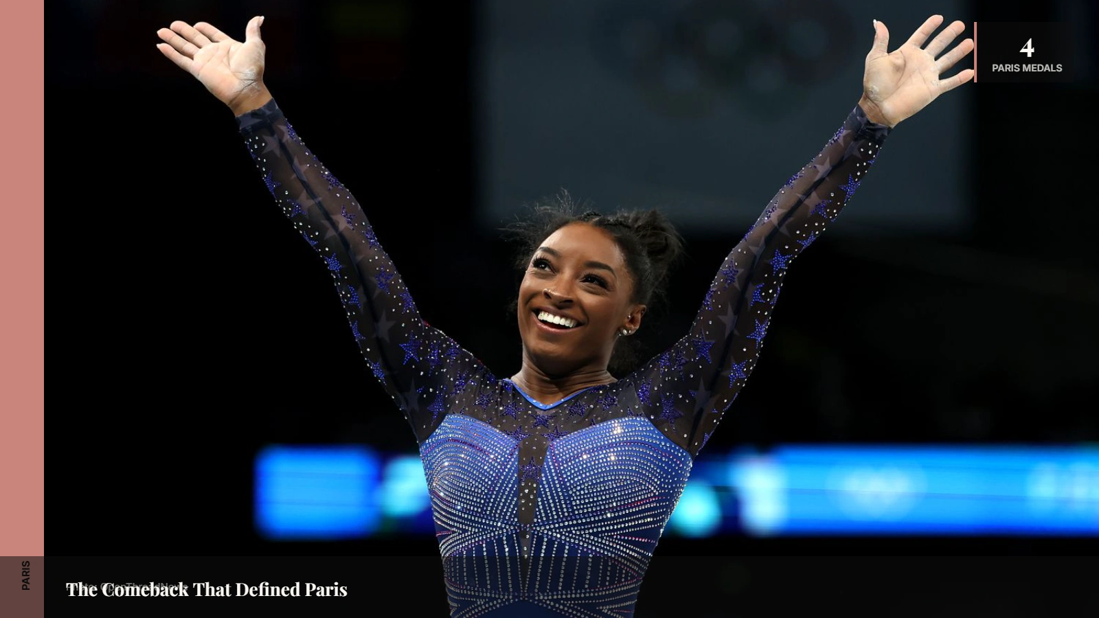 Simone Biles celebrating her return to Olympic competition with multiple medals at the Paris 2024 Games