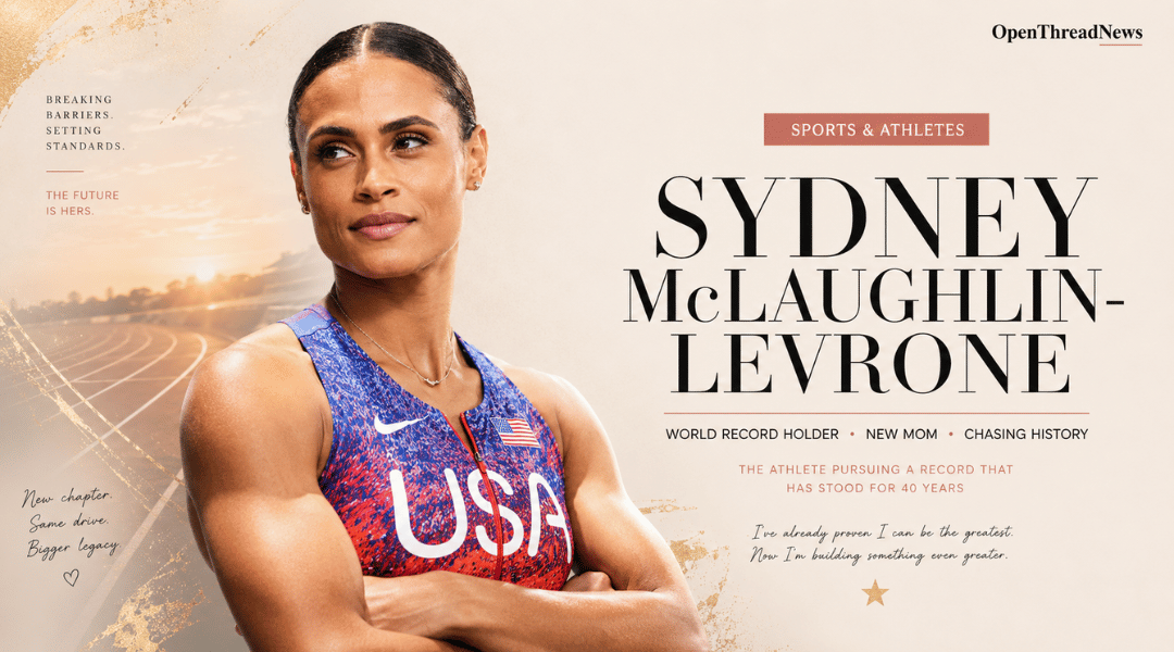 Sydney McLaughlin-Levrone featured in an editorial portrait highlighting her world records, Olympic success, motherhood journey, and pursuit of track and field history.