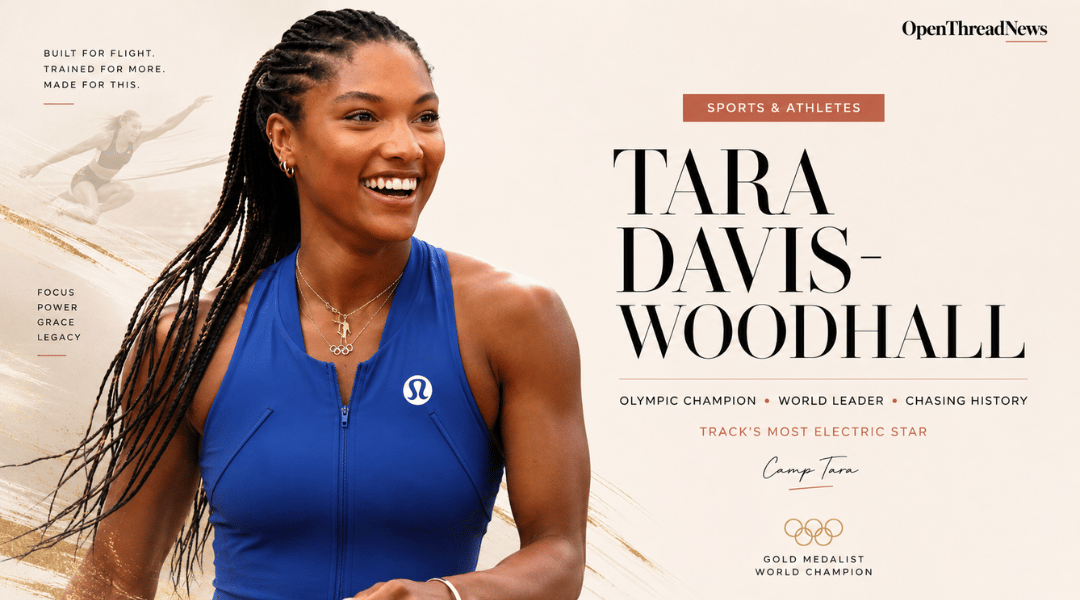 Tara Davis-Woodhall featured in an editorial portrait highlighting her Olympic gold medal, world-leading long jump performances, and pursuit of track and field history.