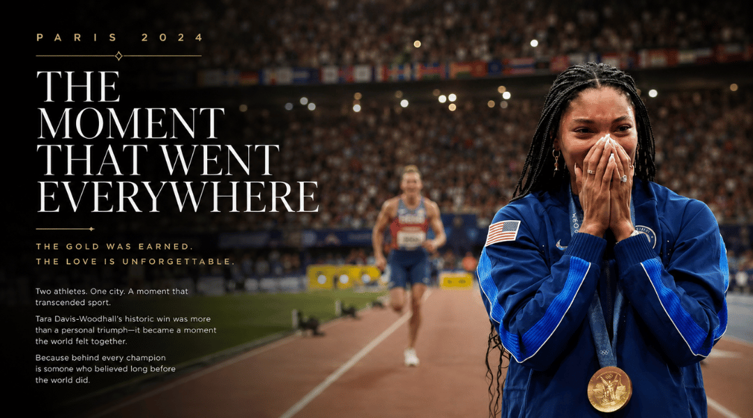 Tara Davis-Woodhall celebrating her Olympic gold medal with husband Hunter Woodhall during the emotional moment that captivated audiences worldwide
