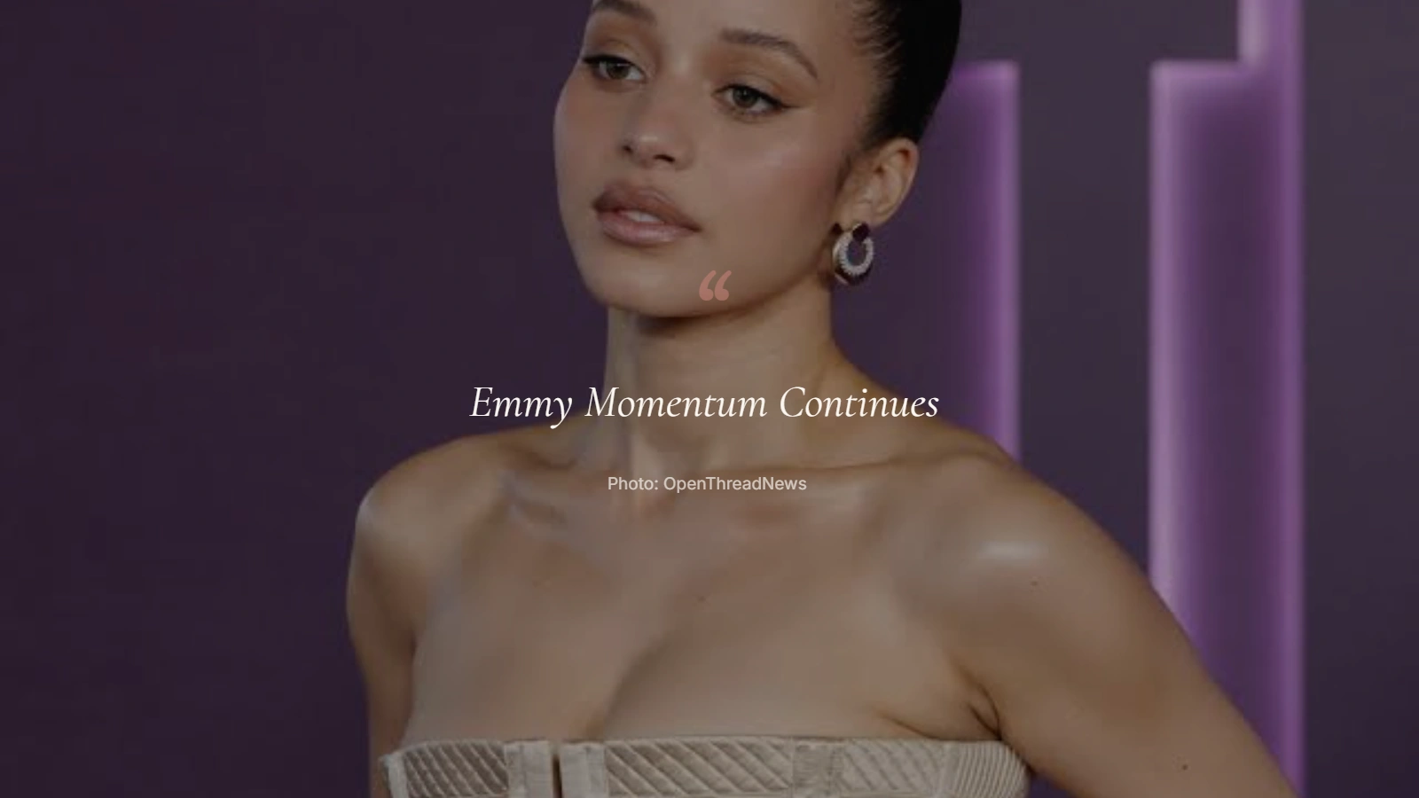 Chase Infiniti promoting The Testaments after earning a 2026 Emmy nomination for the Hulu drama