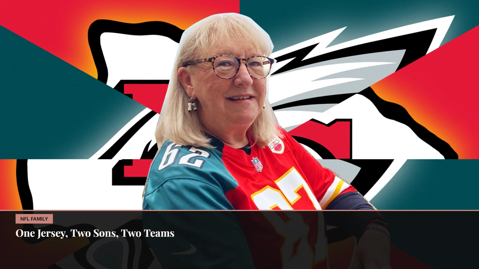 Donna Kelce wearing a split Philadelphia Eagles and Kansas City Chiefs jersey for sons Jason and Travis Kelce
