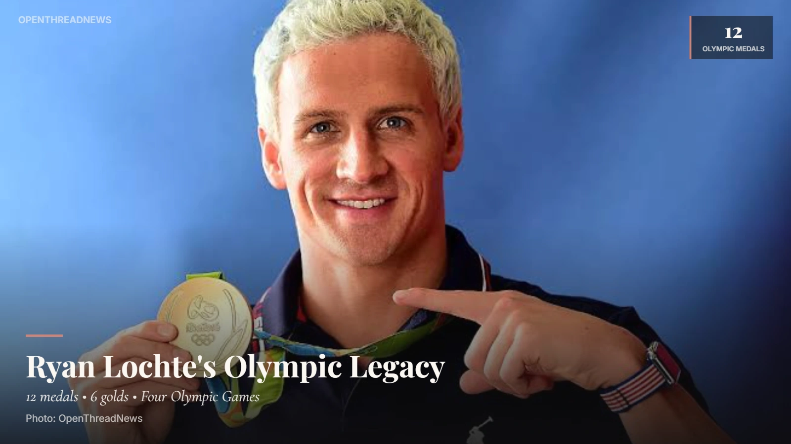 Ryan Lochte during his Olympic swimming career, highlighting his 12 Olympic medals across four Games