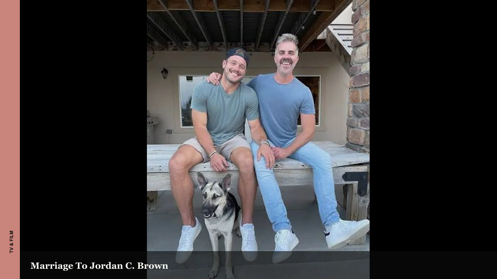 Colton Underwood with husband Jordan C. Brown in a relaxed outdoor family photo
