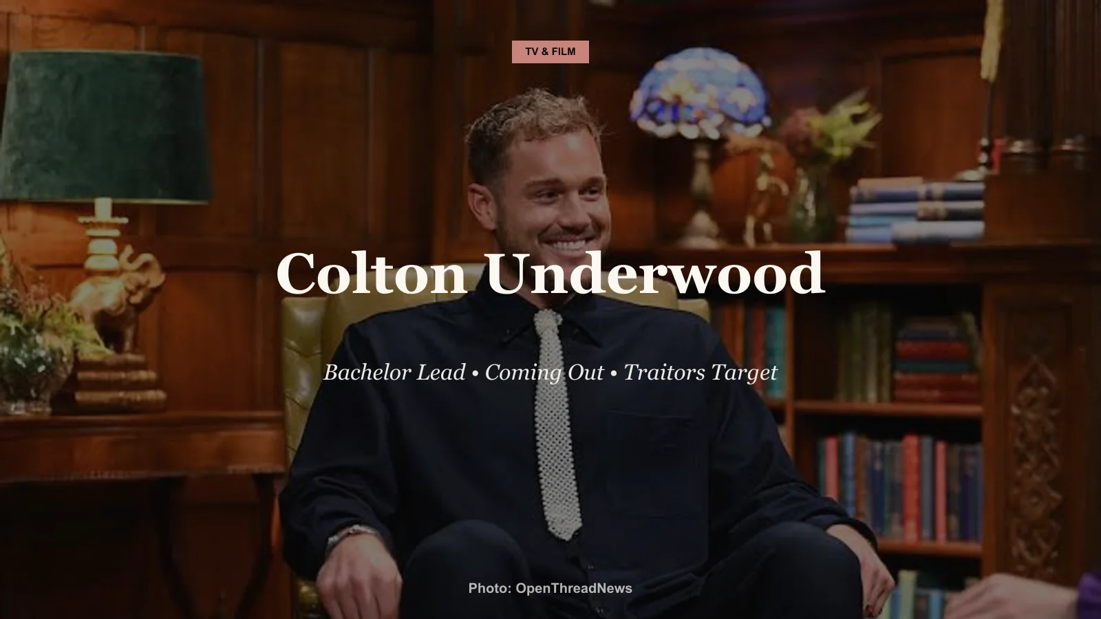 Colton Underwood, Bachelor lead and Traitors Season 4 Faithful, seated for a TV interview