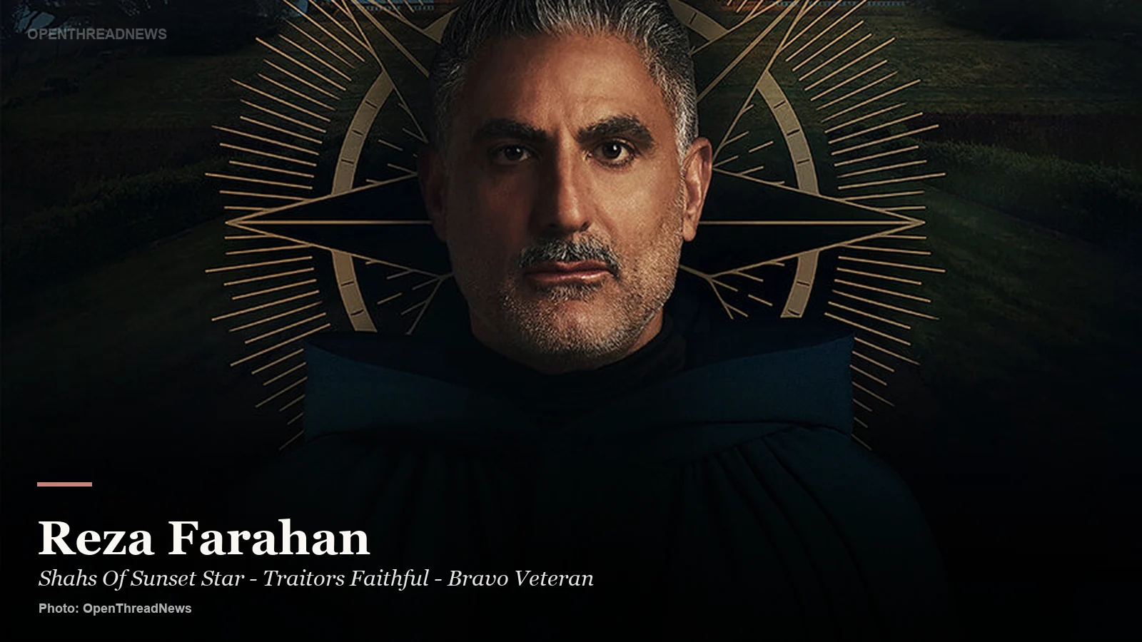 Reza Farahan in a dramatic Traitors portrait for his reality TV profile