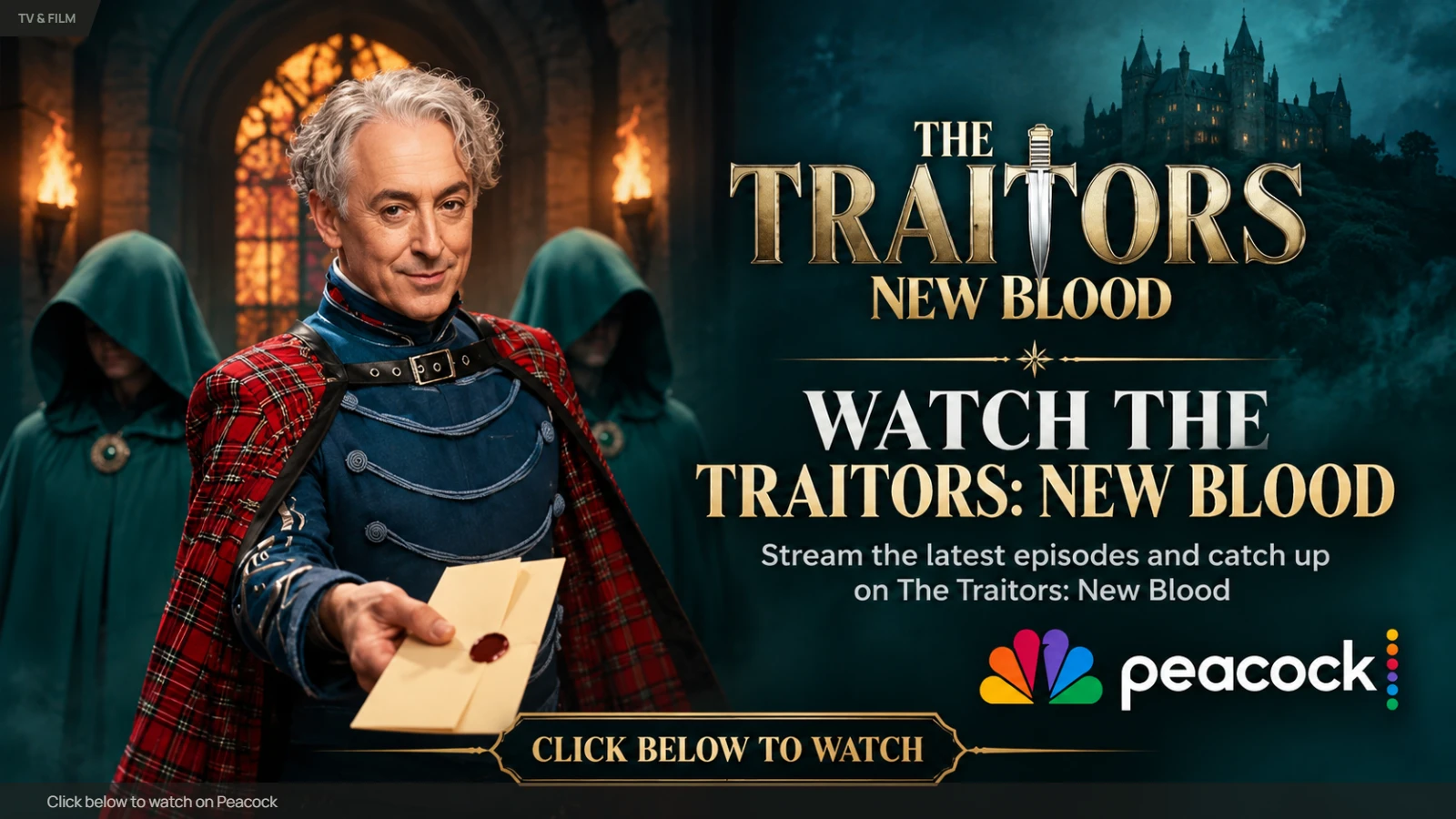 Alan Cumming promoting The Traitors: New Blood with Peacock streaming information
