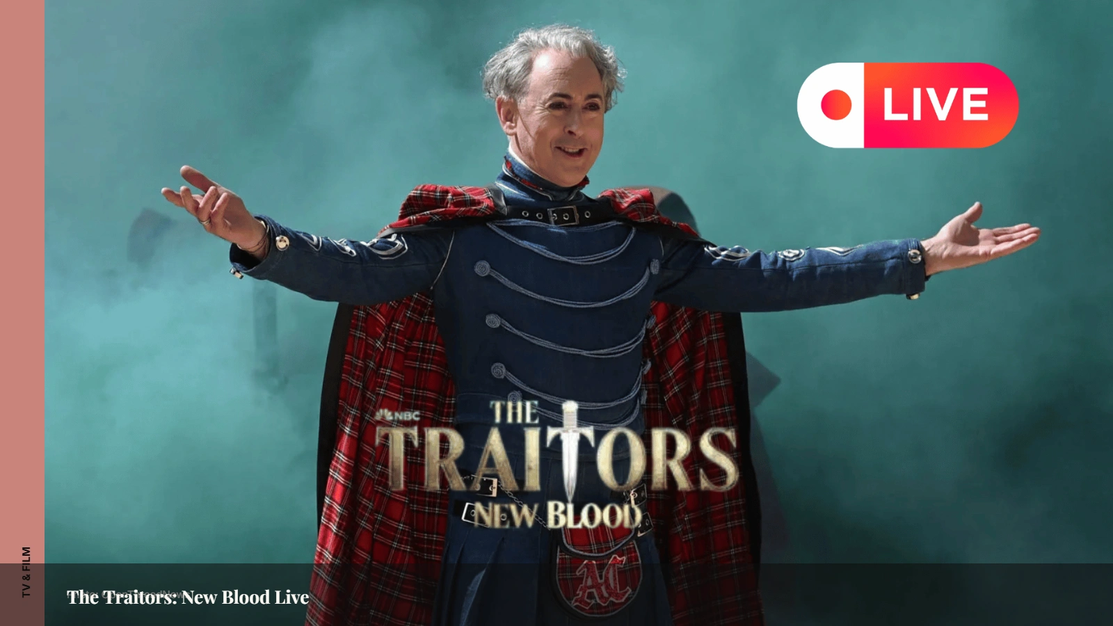 The Traitors: New Blood host on stage in costume for the NBC series