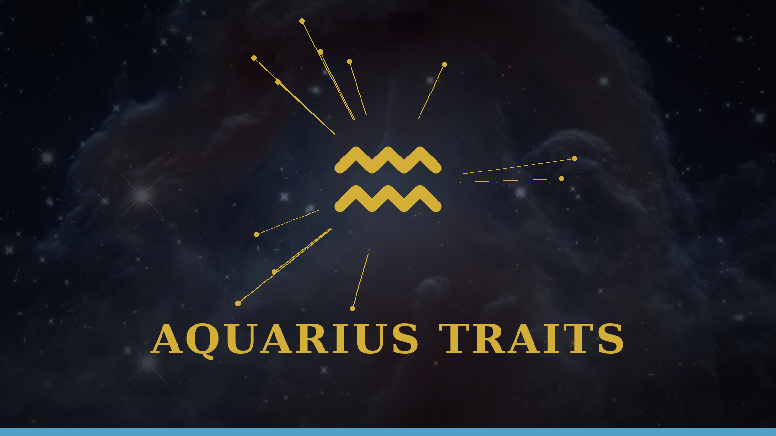 Aquarius personality traits: Water Bearer glyph with constellation details on cosmic background