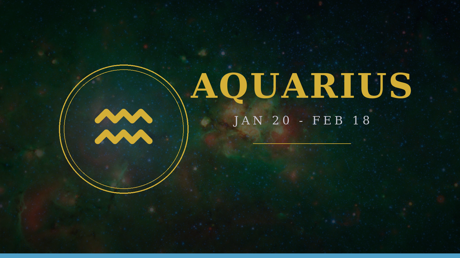 Aquarius zodiac sign: Water Bearer glyph on deep navy cosmic background with gold typography