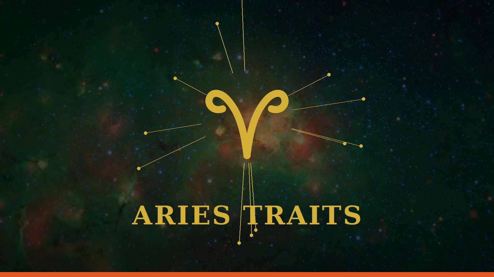 Aries personality traits gold glyph with constellation rays on navy background