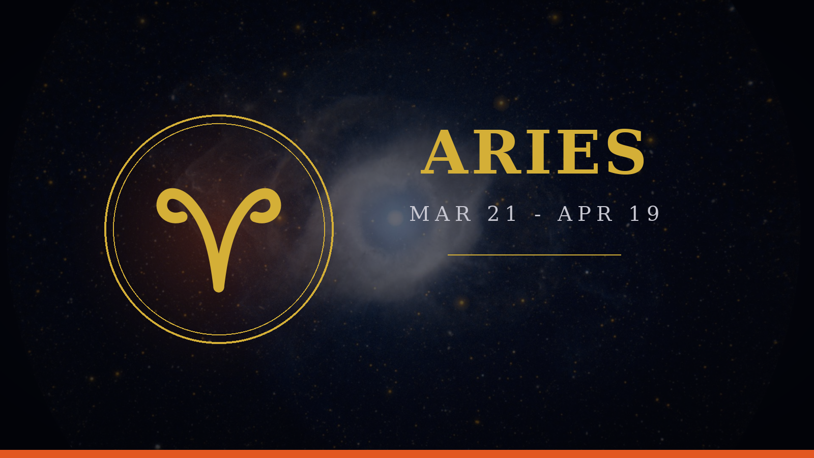 Aries zodiac sign gold glyph medallion on a deep navy cosmic background