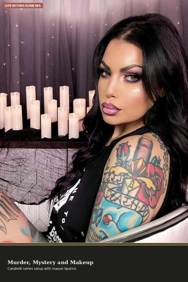Bailey Sarian in her Murder, Mystery and Makeup setup, posed beside a shelf of lit candles, tattooed arm resting on her cheek, mauve lipstick