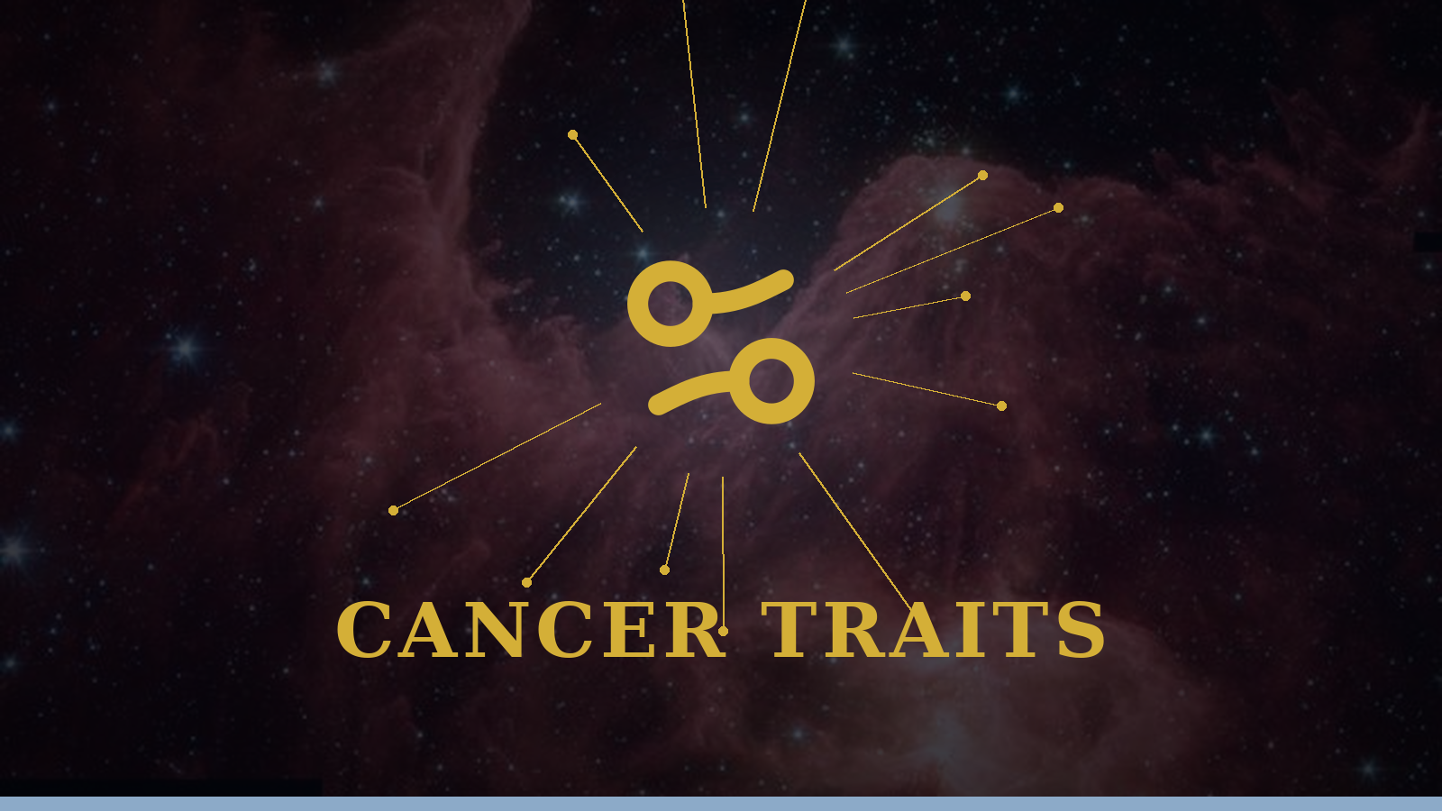 Cancer personality traits: Crab glyph with constellation details on cosmic background