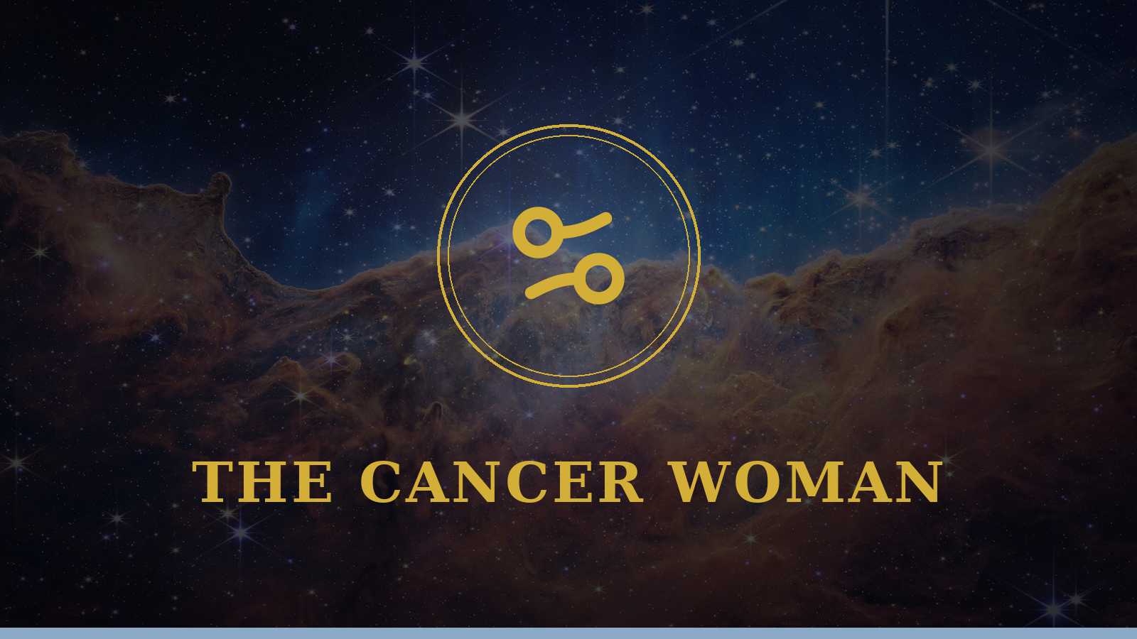 The Cancer woman: Crab glyph on cosmic background, personality and love guide